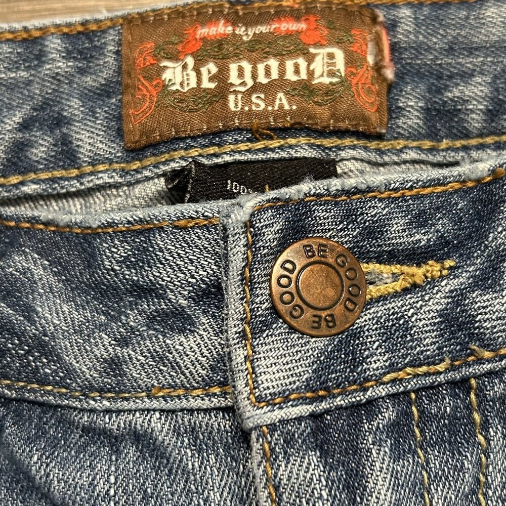 Be Good Size Large Patchwork Embroidered Denim Distressed Flare Jeans Y2K 00s - Picture 10 of 13
